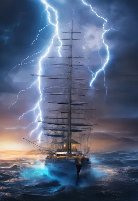 Barco fantasma en una gran tormenta con muchos truenos y rayos Arte digital surrealista, Arte surrealista, escena surrealista, Amazing lightning art, lightning storm, por Alexander Kucharsky, durante una tormenta, lightning storm, mar con grandes olas