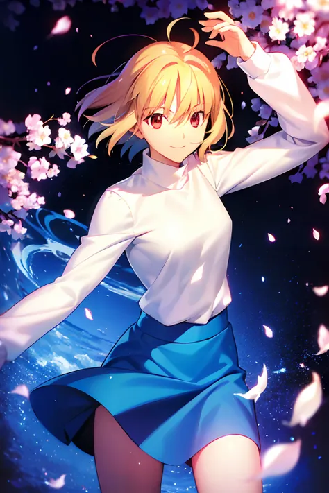 takashi takeuchi、tsukihime、alcaid brunestad、女の子1人、ahoge、a blond、a miniskirt、flower petals、(blue skirt)、rainbows、red eyes、short-h...