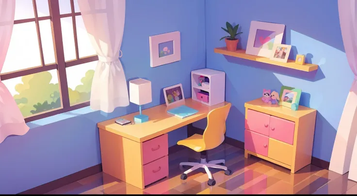 Model Room、No person、Stable composition、eye view、childs room、Small desk、Small cabinet、plushies、pastel pink、Natural Color