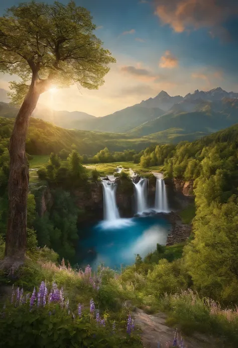 Masterpiece, Best quality, High quality, Extremely detailed Cg Unity 8K wallpaper, landscape, En plein air, sky, Cloud, sky, No Man, Mountain, landscape, water, tree, Blue sky, waterfallr, cliff, Nature, Lake, River , mostly cloudy sky, award winning photo...