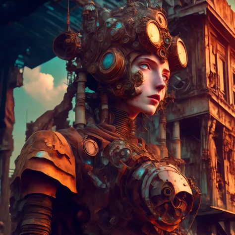 ​masterpiece, top-quality, 8K, pixiv, art  stations, wall-paper, offcial art, Ultrarealista, ultra-detailliert, Well-formed face,foco nítido, concept-art, Beautiful Atompunk,(droid:1.2) Humanoid, with mechanical parts, (Steampunk style:1.4), (1girl in),Rus...