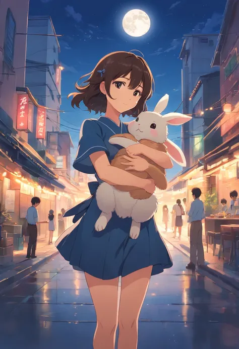 Long curly hair，the night，full moon，dark brown haired girl holding two small rabbits one is black the other is beige ，Outside a group of nature , Hug with a cheongsam，A little bunny wearing a scalloped bow hairpin，unreal render,reasonable design, high deta...