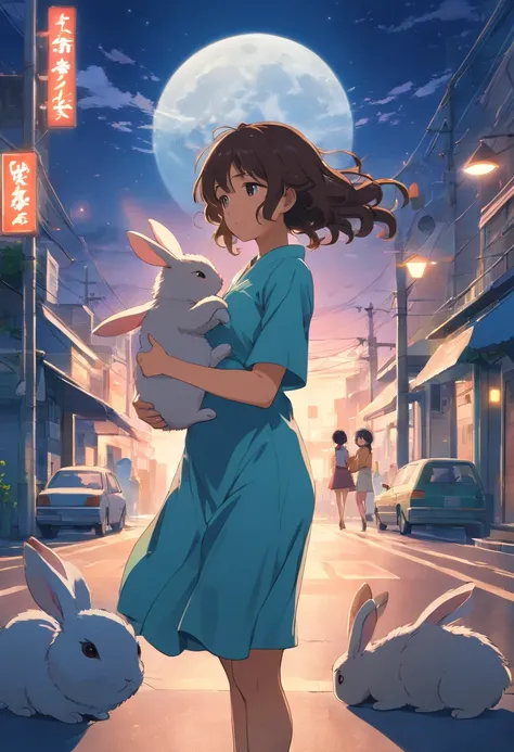 Long curly hair，the night，full moon，dark brown haired girl holding two small rabbits one is black the other is beige ，Outside a group of nature , Hug with a cheongsam，A little bunny wearing a scalloped bow hairpin，unreal render,reasonable design, high deta...