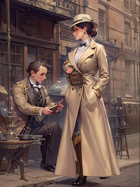 sherlock holmes lady & watson girl,
(huge busty:1.5),
sherlock holmes lady brown glen check frock coat,
side standing watson girl white formal suits,
detective,
gently,
elegance,
wind,
smile,
london,
baker street,
british,
real face,
real body,
real backgr...