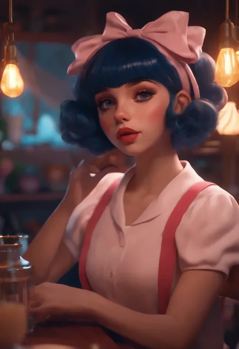 Cute Melanie Martinez as a very cute anime character, cartoon character, Unreal Engine Warm interior lighting Art Station Detailed digital painting Character Design Mark Lyden Pixar Hayao Miyazaki Unreal 5 Dazzling Hyperreal - Octane Neon rendering