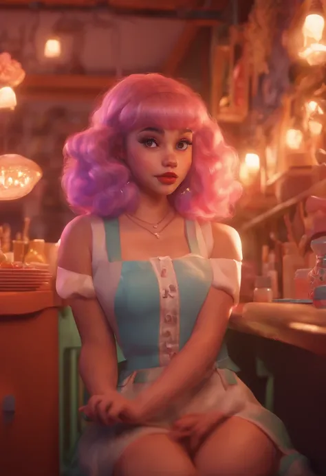 Cute Melanie Martinez as a very cute anime character, cartoon character, Unreal Engine Warm interior lighting Art Station Detailed digital painting Character Design Mark Lyden Pixar Hayao Miyazaki Unreal 5 Dazzling Hyperreal - Octane Neon rendering