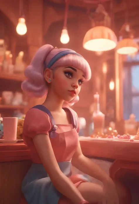 Cute Melanie Martinez as a very cute anime character, cartoon character, Unreal Engine Warm interior lighting Art Station Detailed digital painting Character Design Mark Lyden Pixar Hayao Miyazaki Unreal 5 Dazzling Hyperreal - Octane Neon rendering