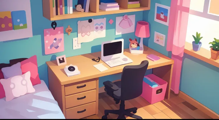 Model Room、No person、Stable composition、eye view、childs room、Small desk、Small cabinet、plushies、pastel pink、Natural Color