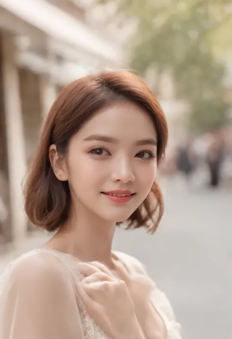 ((top-quality、8k、​masterpiece:1.3))、1girl in、a smile、The upper part of the body、Slim Faces、Pretty women、shorth hair、short-haired、Bery short hair、(light beige hair)、Full-length dresses:1.1、hyperdetailed face、A detailed eye、二重まぶた、blured background、Slim Faces...