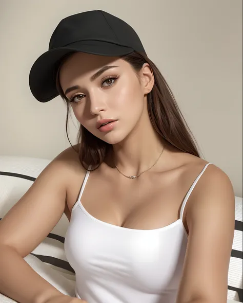 arafed woman in a white tank top and black hat, retrato sophie mudd, modelo do instagram, with hat, she is wearing a black tank ...