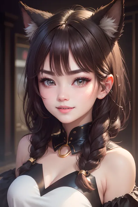 brunette color hair、whair、wince、long eyelasher、Solid round eyes、fakeanimalears、Light smile、Ear blush、fang、cleavage、ultra-realistic realism、shadowing、anaglyph、stereograms、Standing painting、pov、atmosphric perspective、8k、super detailing、precise， Best quality ...