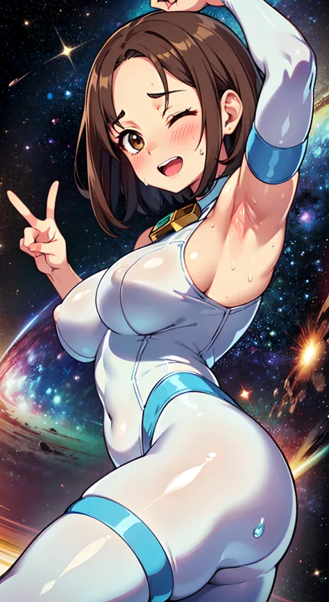 (Perfect body),Best Quality,(8K Portrait),(Official art)、embarrassed from、:D、One eye is closed、(((blush))),(Sweat),((large udder))、Wet、(Big ass)、(Brown hair),((short-hair))、((Forehead))、((Parted bangs)), (eyes are brown)、(Brown eyes),(((thick thighs)))、(((...