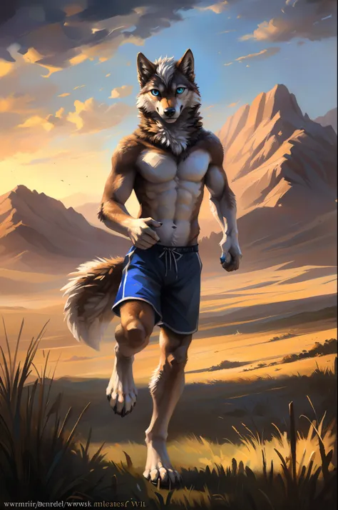 ((Solo)), male people, anthro wolf, (Multi-colored fur, White-brown:1.3), ((Wolf face, White hair, Big eyes, White eyelids, Blue pupil, Slim:1.2) (Tough, Calm expression:1.2)), Abs, Slim, pinging)), (Correct anatomy), (Work shorts:1.1), (Contour bone:1.2),...