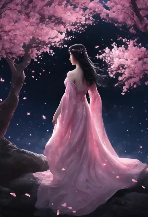 Masterpiece, Best quality, Night, Mountain, full moon, Long black hair, woman, Firefly, stars, Mysterious cherry blossom trees, Pink leaves, High quality, Beautiful graphics, High detail