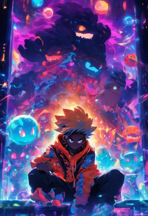 pixarstyle Monster Boy, Caramel Brown skin Black boy moor, Bald Hairstyle, Streetwear, Full Slime Body, colors neon, risa loca, malvada ,A digital window floating in cyber space and an operator woman sitting on a chair floating in space, operating the wind...