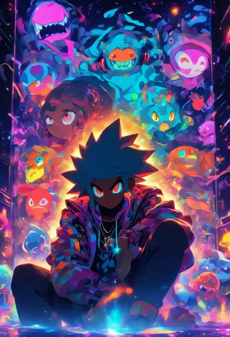 pixarstyle Monster Boy, Caramel Brown skin Black boy moor, Bald Hairstyle, Streetwear, Full Slime Body, colors neon, risa loca, malvada ,A digital window floating in cyber space and an operator woman sitting on a chair floating in space, operating the wind...