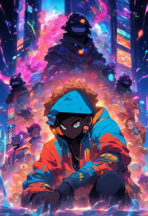 pixarstyle Monster Boy, Caramel Brown skin Black boy moor, Bald Hairstyle, Streetwear, Full Slime Body, colors neon, risa loca, malvada ,A digital window floating in cyber space and an operator woman sitting on a chair floating in space, operating the wind...