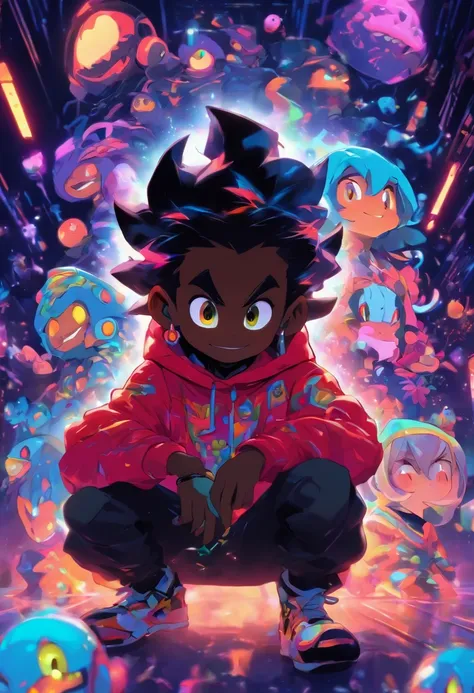 pixarstyle Monster Boy, Caramel Brown skin Black boy moor, Bald Hairstyle, Streetwear, Full Slime Body, colors neon, risa loca, malvada ,A digital window floating in cyber space and an operator woman sitting on a chair floating in space, operating the wind...