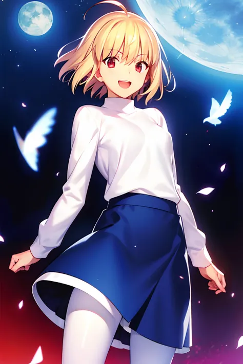 takashi takeuchi、tsukihime、alcaide brunestad、女の子1人、ahoge、a blond、a miniskirt、(blue skirt)、red eyes、short-hair、skirt by the、smile...