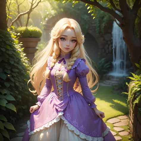 Rapunzel em um jardim encantado, estilo Disney, Chibi, olhos realistas, great quality, super realista, hiper detalhado, 10K.