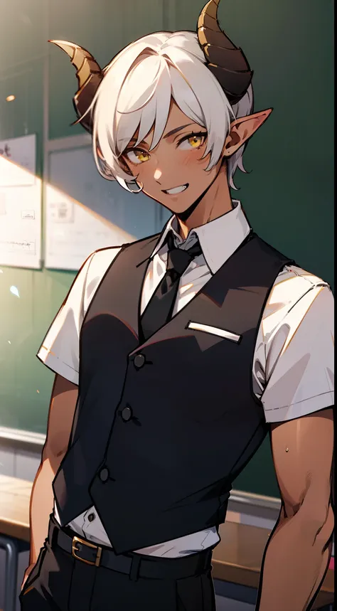 1boy,solo,happy,(tanned skin,medium body,male face),white student shirt,black tie,black vest,black pants,Short hair,white hair,yellow eyes,elves ears,black horns,classroom