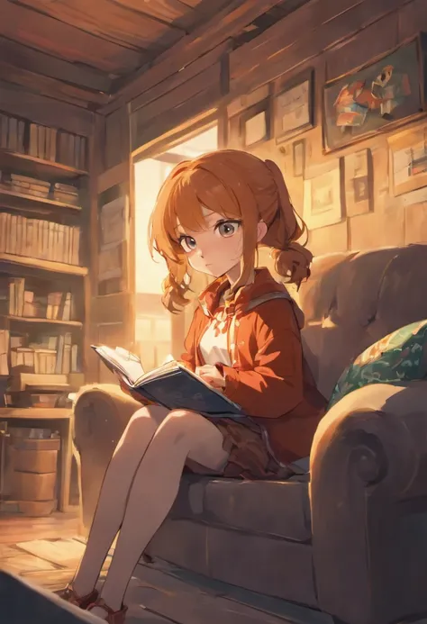 Animation illustration of Anna, a young girl, sitting on a cozy couch with her parents. Anna holds a book on archaeology, while her parents are engrossed in watching TV. The scene is filled with vibrant colors and a whimsical, playful art style. Draw inspi...