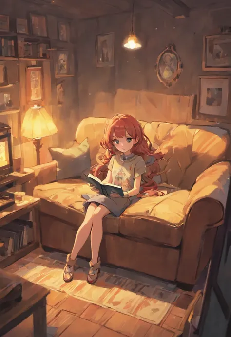 Animation illustration of Anna, a young girl, sitting on a cozy couch with her parents. Anna holds a book on archaeology, while her parents are engrossed in watching TV. The scene is filled with vibrant colors and a whimsical, playful art style. Draw inspi...