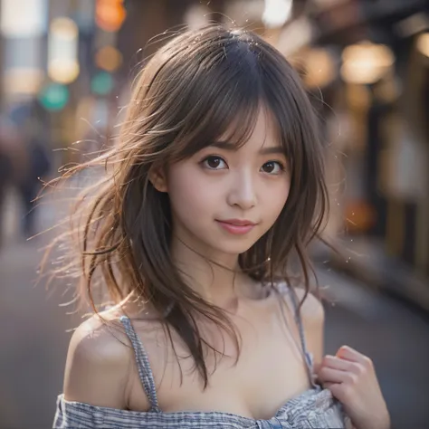 女の子1人、on tokyo street、A city scape、The upper part of the body、a closeup、A smile、、(8K、Raw photography、top-quality、​masterpiece:1.2)、(realisitic、photoRealstic:1.37)、Highly detailed eyelash drawing、(((Top image quality))),Colossal tits、Fine skin, (Beautiful h...