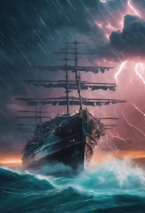 Ghost ship in a big storm with a lot of thunder and lightning Surreal digital art, Surreal art, surreal scene, Amazing lightning art, thunderstorm, by Alexander Kucharsky, during a storm, thunderstorm, sea with big waves, hyper detailed, hyper realistic, m...