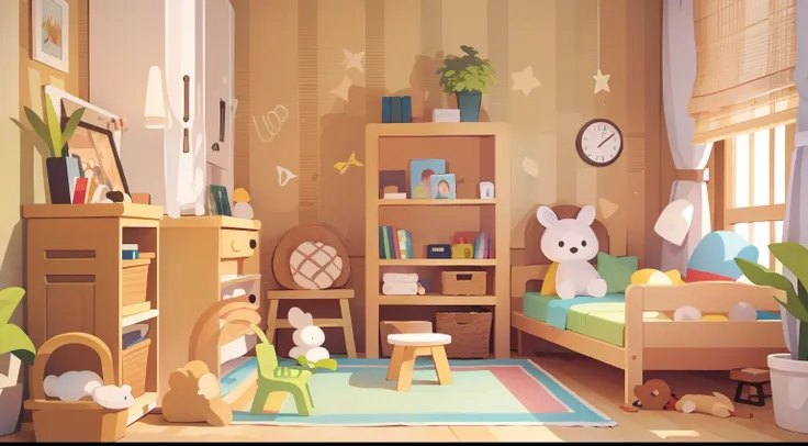 model room、no person、stable composition、eye view、childs room、small desk、small cabinet、plushies、natural color