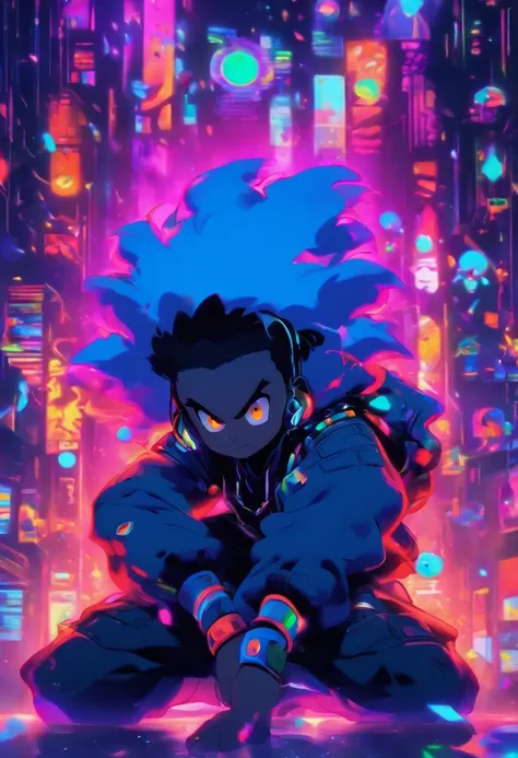 pixarstyle Monster Boy, Caramel Brown skin Black boy moor, Bald Hairstyle, Streetwear, Full Slime Body, colors neon, risa loca, malvada ,A digital window floating in cyber space and an operator woman sitting on a chair floating in space, operating the wind...