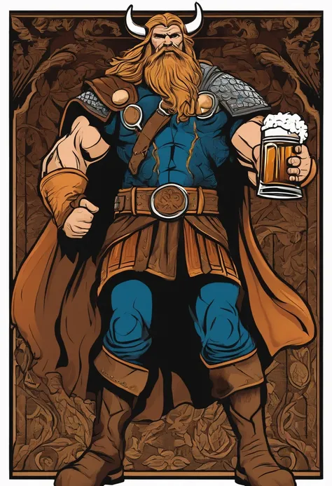 strong viking, drinking a beer, holding a beer mug, full body, comic book style, vector, thor inspired, no background, charismatic, full body, standing