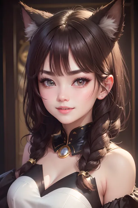 brunette color hair、whair、wince、long eyelasher、Solid round eyes、fakeanimalears、Light smile、Ear blush、Fang、Deep cleavage、ultra-realistic realism、shadowing、anaglyph、stereograms、Standing painting、angle of view、atmosphric perspective、8K、super detailing、Precise...