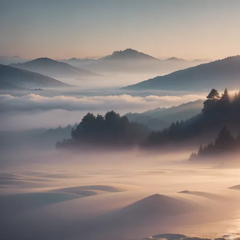 A Photograph capturing the essence of a misty morning landscape. The delicate brushstrokes imbue a sense of serenity, with soft shades of pastel colors evoking a dreamlike atmosphere.