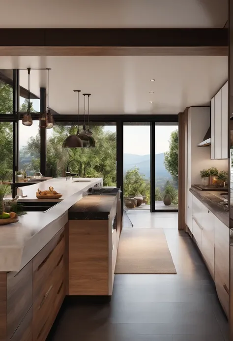 modern kitchen，Gorgeous renovation，Refrigerator，cupboard，Wide scene，in a panoramic view，from outside, UHD, high details