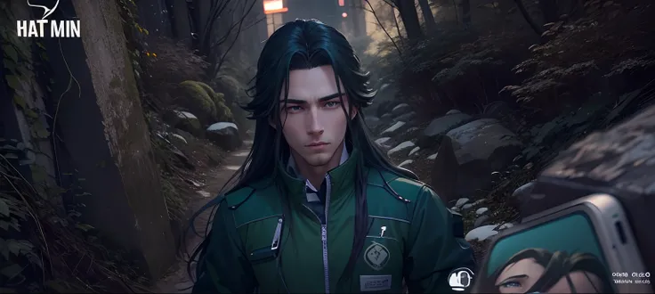 long hair man, in green jacket, selfie, realistic, detailed face. anime character, realistic,super realized character animation blue eyes