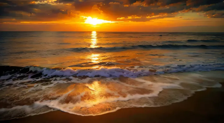 An absolutely mesmerizing sunset over the beach, with a mix of oranges, pinks and yellows filling the sky. The crystal clear waters of the sea gently kiss the shore, with a white sandy beach stretching far and wide. The scene is dynamic and breathtaking, w...