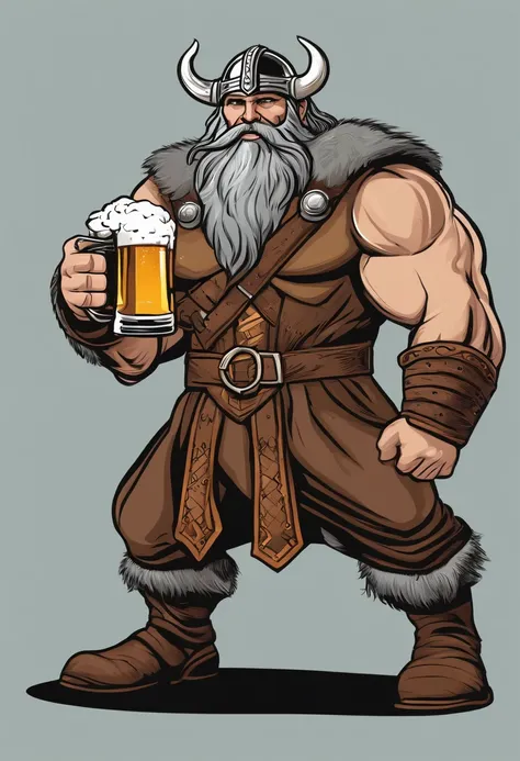 strong viking, drinking a beer, holding a beer mug, full body, comic book style, vector, thor inspired, no background, charismatic, full body, standing