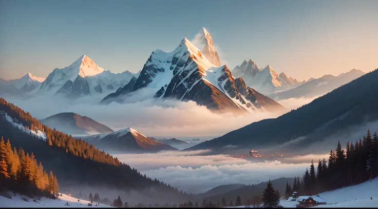 A serene mountain landscape at dawn, with mist-covered peaks and a tranquil monastery nestled among the hills,A zen master is standing with smile face