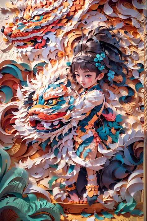 (illustration:1.3，paper art:1.3, quilted paper art:1.2)，china-style，lion dance girl，highly detailed surreal vfx，smudge，faraway v...