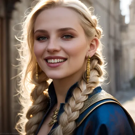 close up portrait of a gorgeous 18 years old fantasy prostitute, pale blonde hair, big single long braid, fantasy prostitute nice fabric clothes, intellingent look, laughing heartly, in a big medieval city, (backlighting), realistic, masterpiece, highest q...