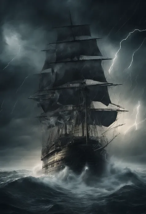 Ghost ship in a big storm with a lot of thunder and lightning Surreal digital art, Surreal art, surreal scene, Amazing lightning art, thunderstorm, by Alexander Kucharsky, during a storm, thunderstorm, sea with big waves, hyper detailed, hyper realistic, m...