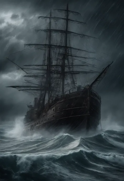 Ghost ship in a big storm with a lot of thunder and lightning Surreal digital art, Surreal art, surreal scene, Amazing lightning art, thunderstorm, by Alexander Kucharsky, during a storm, thunderstorm, sea with big waves, hyper detailed, hyper realistic, m...