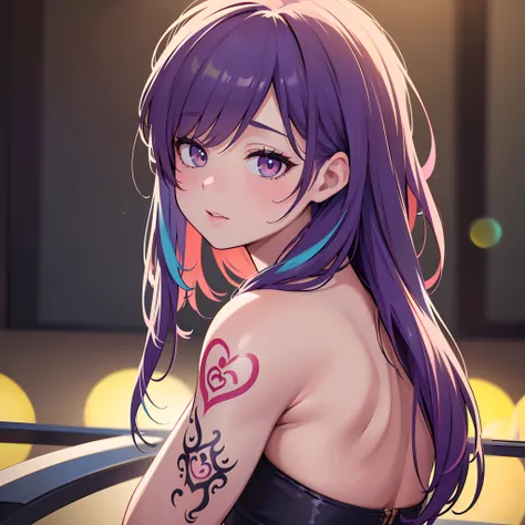 (best quality,4k,8k,highres,masterpiece:1.2), ultra-detailed, (realistic,photorealistic,photo-realistic:1.37), cute, sexy, female, hand behind back, colourful hair, tattoos, vibrant colors, soft lighting, bokeh