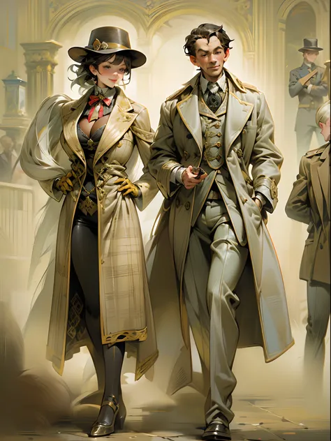 sherlock holmes lady & watson girl,
(huge busty:1.5),
sherlock holmes lady brown glen check frock coat,
side standing watson girl white formal suits,
detective,
gently,
elegance,
wind,
smile,
london,
baker street,
british,
real face,
real body,
real backgr...