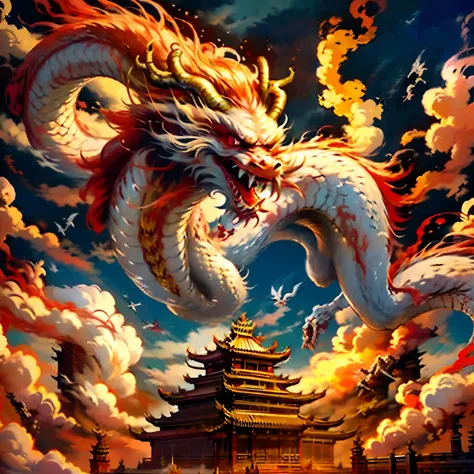 Best quality,masterpiece,ultra high res,nu no humans, (long:1.2),no humans, cloud,east asian architecture, red eyes, horns, open mouth, sky, fangs, eastern dragon, cloudy sky, teeth, flying, fire, bird, wings