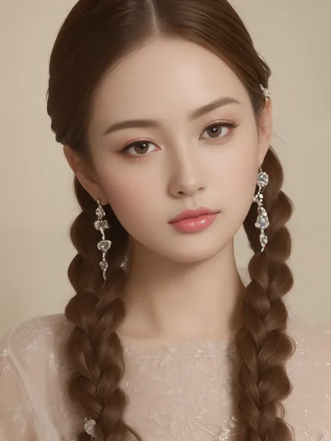 (Ultra-high quality masterpiece，A beautiful bust of a noble maiden，Classical braids，The eyes are shiny and clear，Floral craftsmanship，Crystal jewelry，Ultra-fine details，Soft lighting)