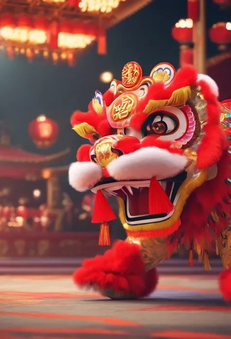 lion dance, depth of fields，jubilation, festivity, exhilarated, Streamers