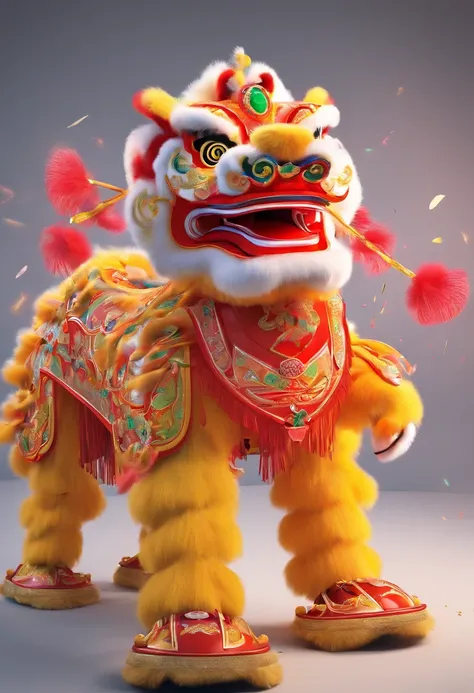 lion dance, depth of fields，jubilation, festivity, exhilarated, Streamers