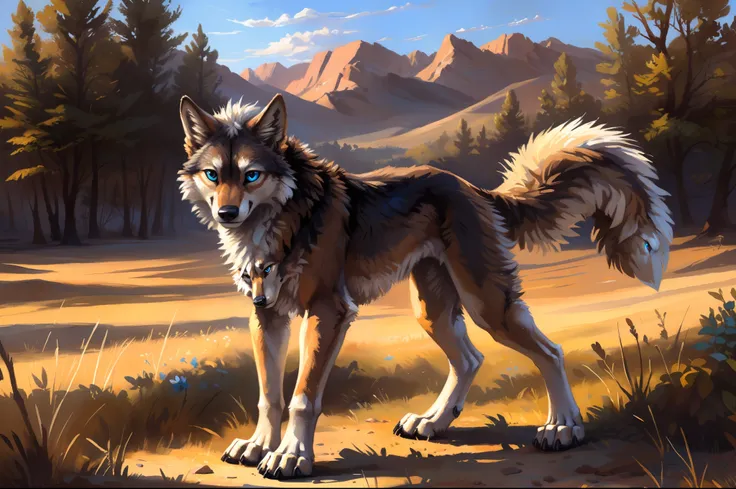 ((Solo)), male people, coyote, (Multi-colored fur, White-brown:1.3), ((Wolf face, White hair, Big eyes, White eyelids, Blue pupil, Slim:1.2) (Tough, Calm expression:1.2)), Abs, Slim, pinging)), (Correct anatomy), A big tail，Feet，Longer torso，(Realistic fur...